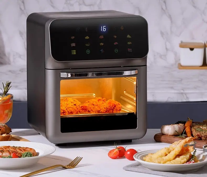 INNOVATIVE Air Fryer Oven, 15.5Qt X-Large Family Size, SS Rotisserie Basket &-Skewer Kit, Powerful 1800W, 50F-425F Temp Controls, Integrated Smart Thermometer Premium Mini 15Liter/Quarts Touch Screen Air-fryer with fat removal technology