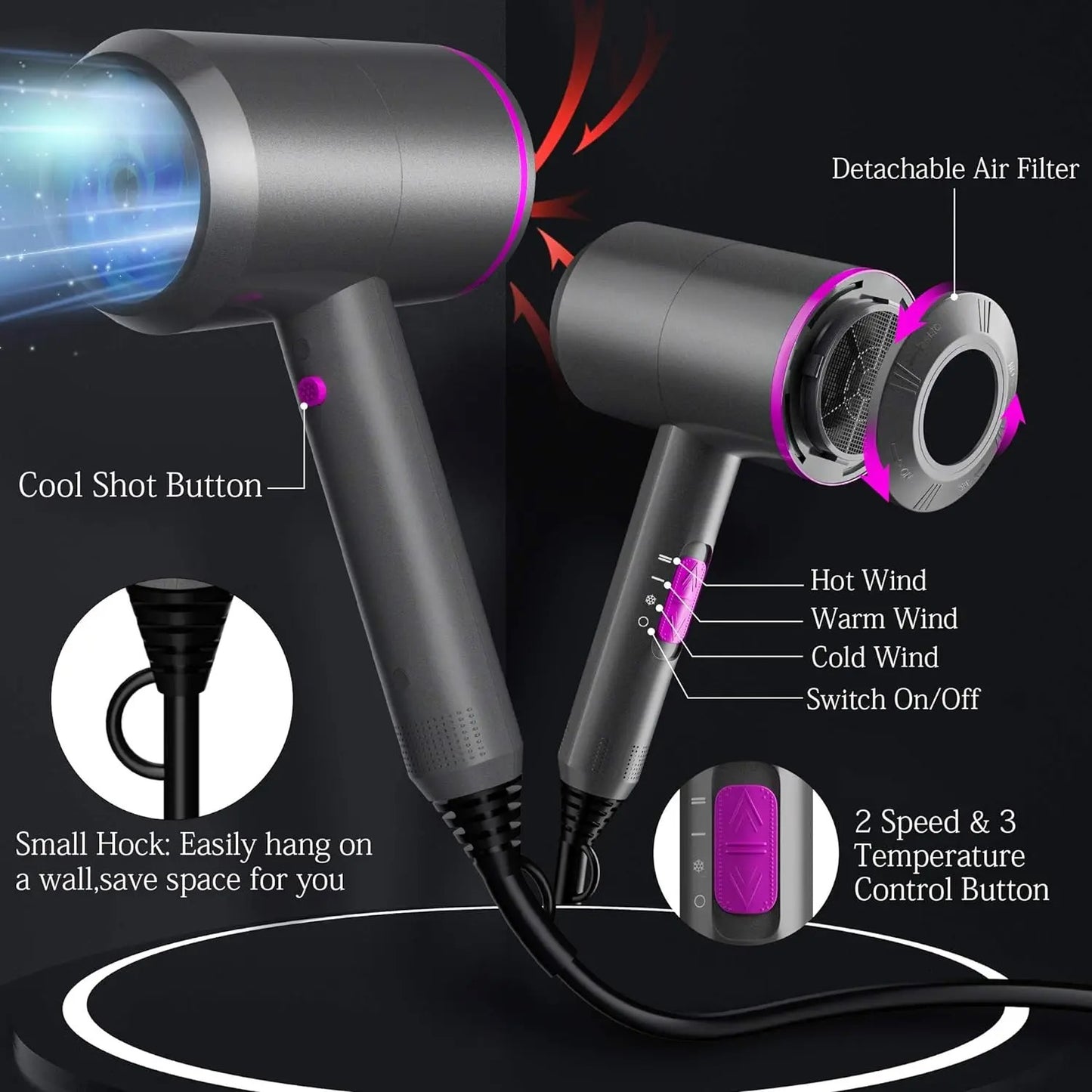 INNOVATIVE Ionic Hair Dryer, Powerful 2000Watt Fast Drying Low Noise Blow Dryer with 2 Concentrator Nozzles 1 Diffuser Attachments with comb gift for Home, Salon & Travel