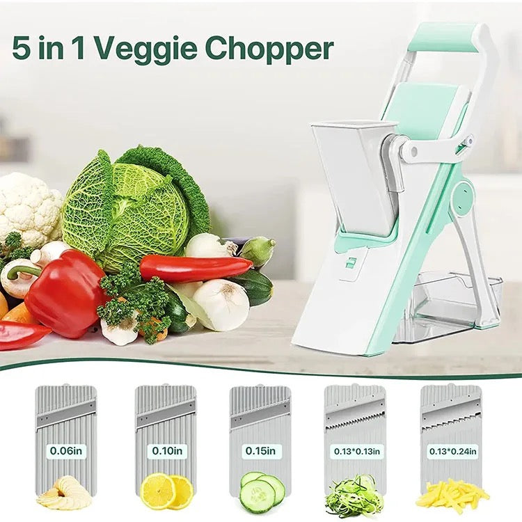 INNOVATIVE Lever VEGETABLE SAFE - Mandoline Multi Vegetable Chopper Potato Slicer for Kitchen with container, 5 Modes 100+ Presets, Thickness Adjuster for Kitchen Fast Meal Prep-(5 in 1, Green)