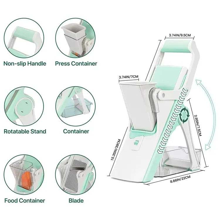 INNOVATIVE Lever VEGETABLE SAFE - Mandoline Multi Vegetable Chopper Potato Slicer for Kitchen with container, 5 Modes 100+ Presets, Thickness Adjuster for Kitchen Fast Meal Prep-(5 in 1, Green)