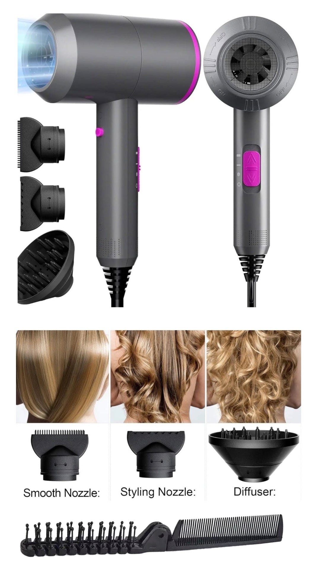 INNOVATIVE Ionic Hair Dryer, Powerful 2000Watt Fast Drying Low Noise Blow Dryer with 2 Concentrator Nozzles 1 Diffuser Attachments with comb gift for Home, Salon & Travel