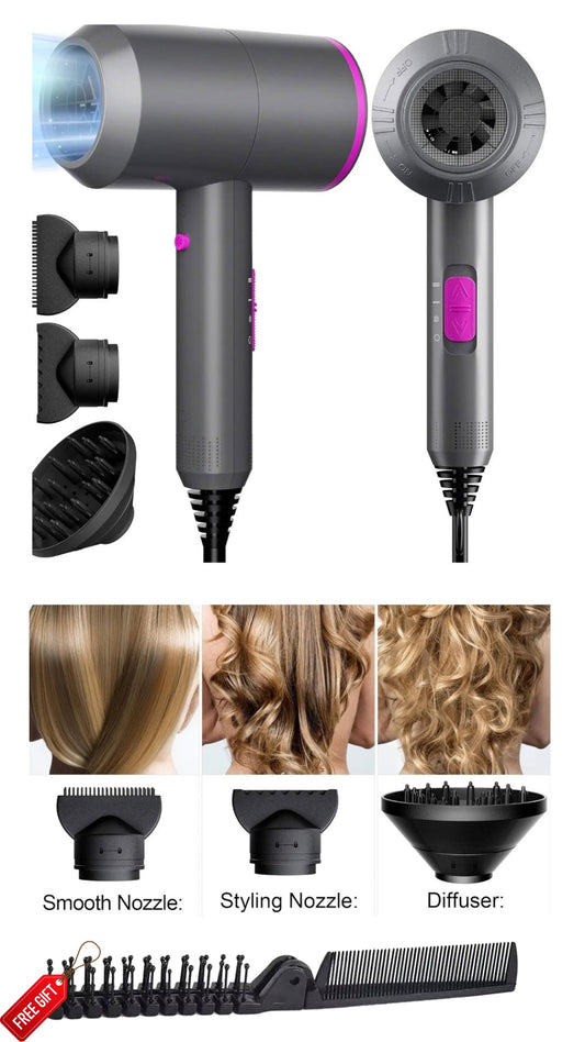INNOVATIVE Ionic Hair Dryer, Powerful 2000Watt Fast Drying Low Noise Blow Dryer with 2 Concentrator Nozzles 1 Diffuser Attachments with comb gift for Home, Salon & Travel