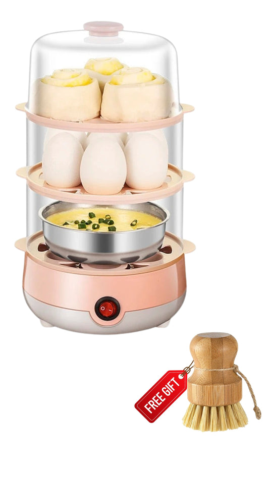 INNOVATIVE Double Tier Egg Cooker, Boiler, Rapid Maker & Poacher, Meal Prep for Week, Family Sized Meals: Up To 14 Large Boiled Eggs, Poaching and Steaming trays Included with bamboo cleaning brush (pink)