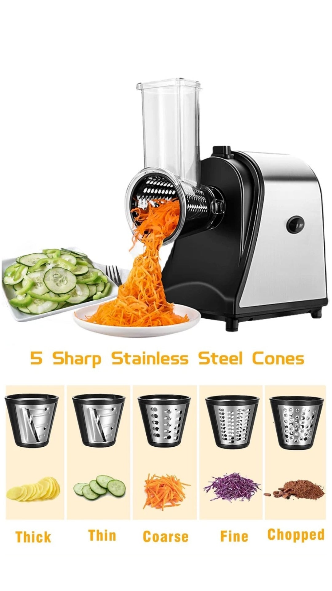 INNOVATIVE Electric Cheese Shredder Vegetable Grater 250W Stainless Steel Upgraded Large Diameter Carrot Potato Slicer Multifunctional Kitchen Food Processor Machine with 5 Blades BPA-Free 110V