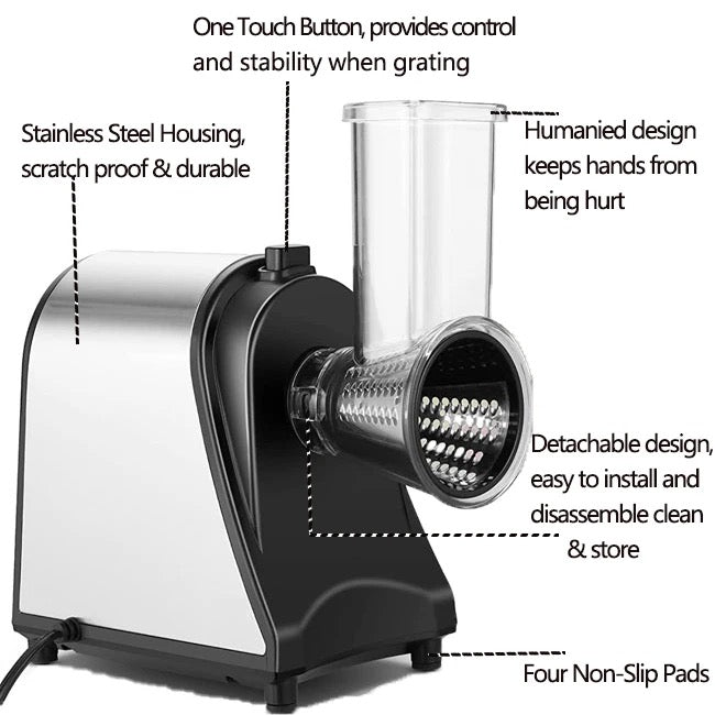 INNOVATIVE Electric Cheese Shredder Vegetable Grater 250W Stainless Steel Upgraded Large Diameter Carrot Potato Slicer Multifunctional Kitchen Food Processor Machine with 5 Blades BPA-Free 110V