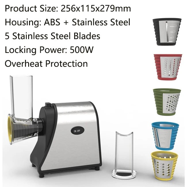 INNOVATIVE Electric Cheese Shredder Vegetable Grater 250W Stainless Steel Upgraded Large Diameter Carrot Potato Slicer Multifunctional Kitchen Food Processor Machine with 5 Blades BPA-Free 110V