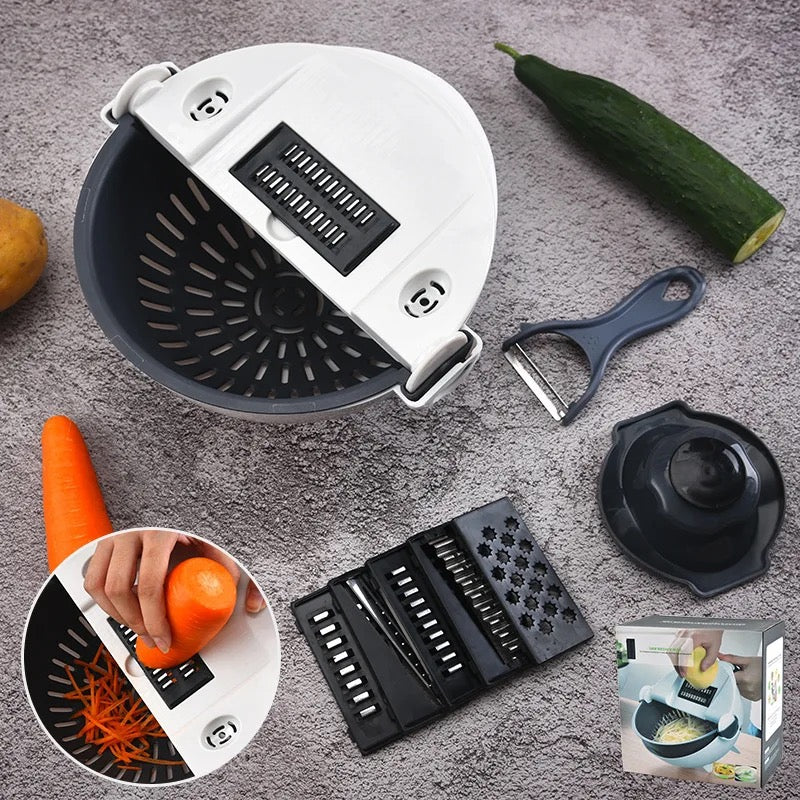 ISP 9 in 1 Multifunction Rotate Vegetable Cutter , Cheese Grater with Drain Basket Large Capacity Vegetables Chopper Veggie Shredder Grater Portable Slicer Kitchen Tool