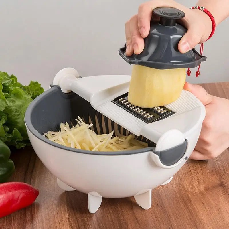 ISP 9 in 1 Multifunction Rotate Vegetable Cutter , Cheese Grater with Drain Basket Large Capacity Vegetables Chopper Veggie Shredder Grater Portable Slicer Kitchen Tool