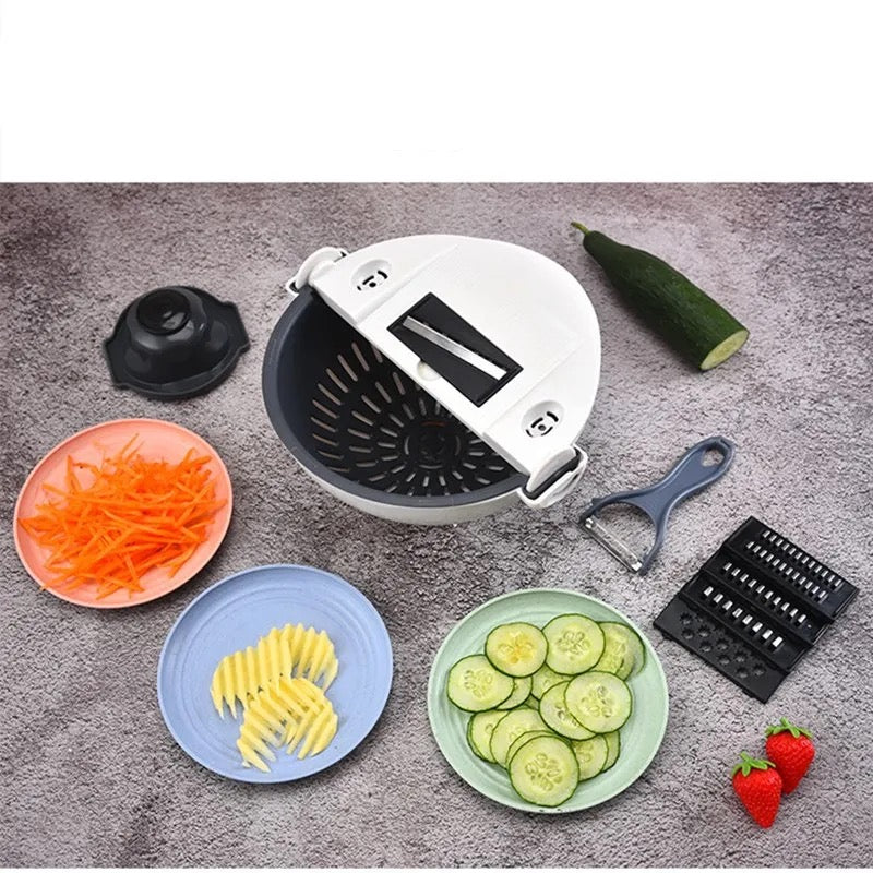 ISP 9 in 1 Multifunction Rotate Vegetable Cutter , Cheese Grater with Drain Basket Large Capacity Vegetables Chopper Veggie Shredder Grater Portable Slicer Kitchen Tool