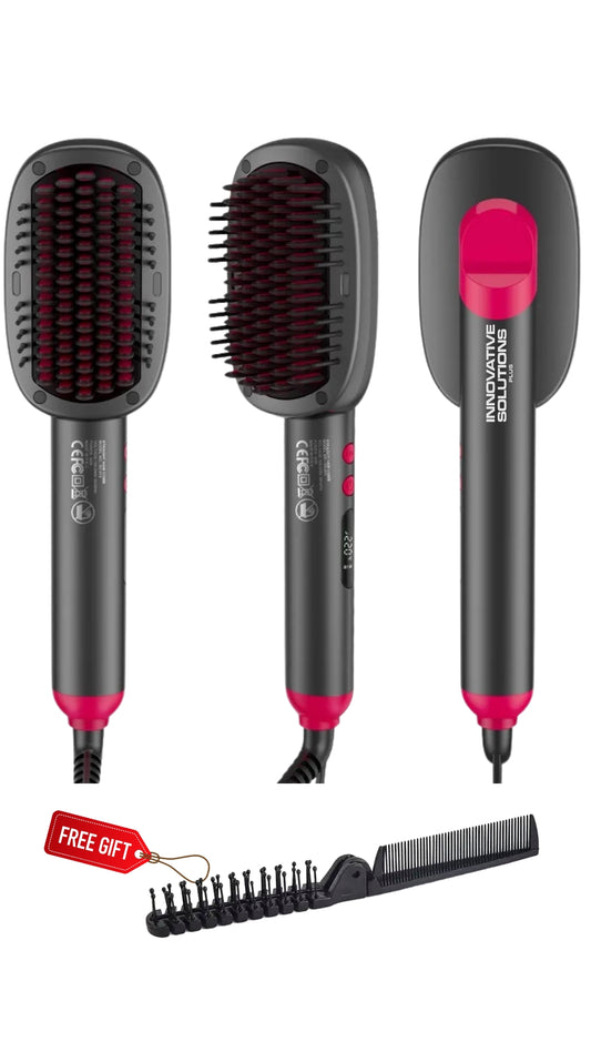 INNOVATIVE 2-in-1 Hair Straightener Brush, Ring Hair Straightener Comb Straightening Brush for Women with 5  temps 100-220° LED and free comb 20s Fast Heating & Dual Voltage