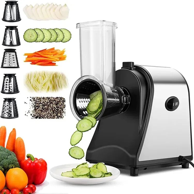 INNOVATIVE Electric Cheese Shredder Vegetable Grater 250W Stainless Steel Upgraded Large Diameter Carrot Potato Slicer Multifunctional Kitchen Food Processor Machine with 5 Blades BPA-Free 110V