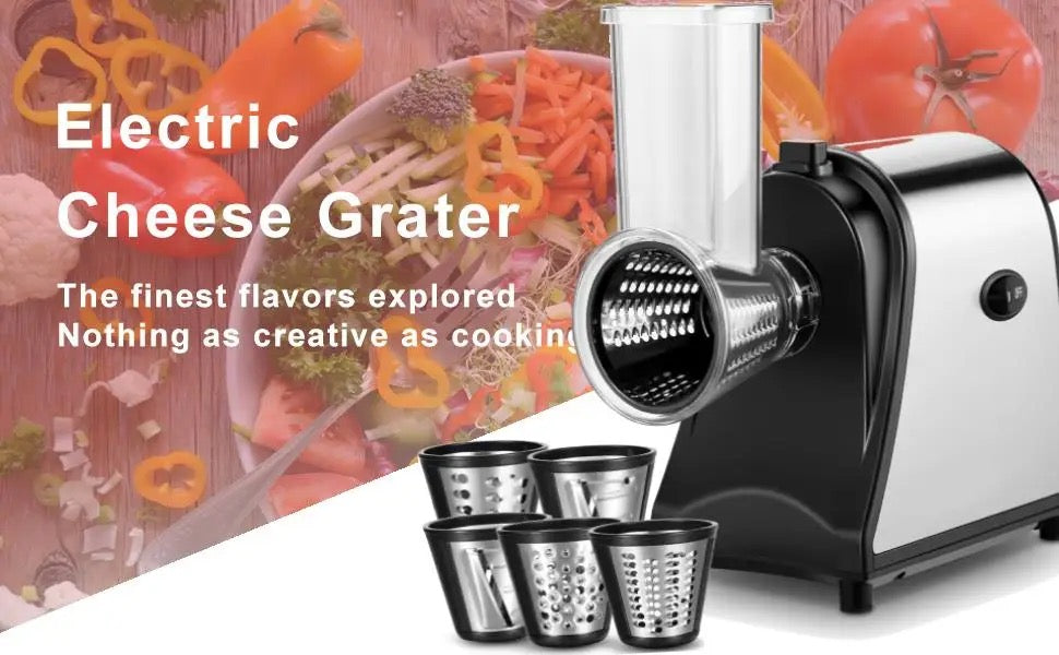 INNOVATIVE Electric Cheese Shredder Vegetable Grater 250W Stainless Steel Upgraded Large Diameter Carrot Potato Slicer Multifunctional Kitchen Food Processor Machine with 5 Blades BPA-Free 110V