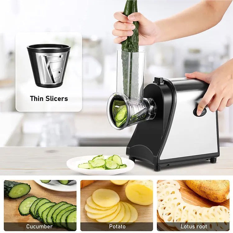 INNOVATIVE Electric Cheese Shredder Vegetable Grater 250W Stainless Steel Upgraded Large Diameter Carrot Potato Slicer Multifunctional Kitchen Food Processor Machine with 5 Blades BPA-Free 110V