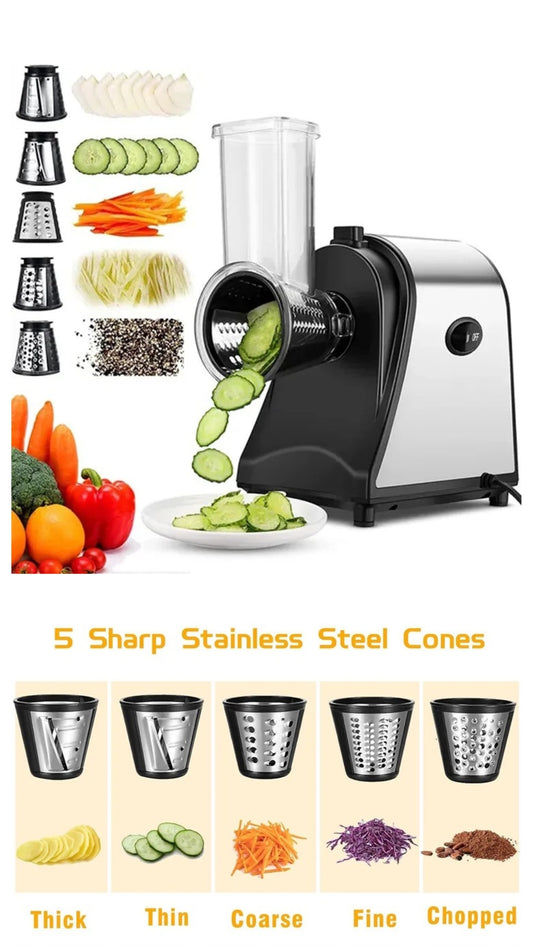 INNOVATIVE Electric Cheese Shredder Vegetable Grater 250W Stainless Steel Upgraded Large Diameter Carrot Potato Slicer Multifunctional Kitchen Food Processor Machine with 5 Blades BPA-Free 110V