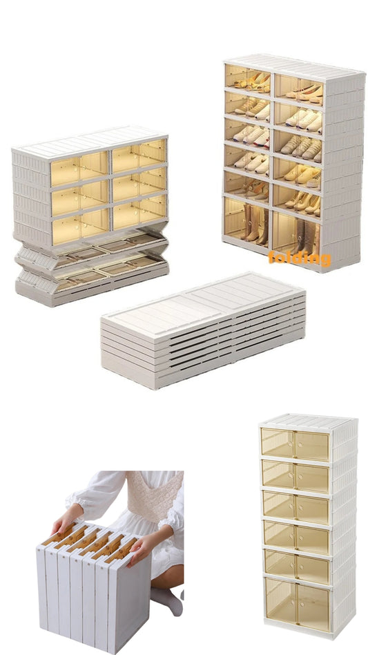 Foldable Shoe Rack Organizer for Closet, 9-Tier 18 Pairs Folding Shoe Box Storage Cabinet with Clear Door, Plastic Collapsible Shoe Shelf with Lids Easy Assembly for Entryway, Front Door, Living Room