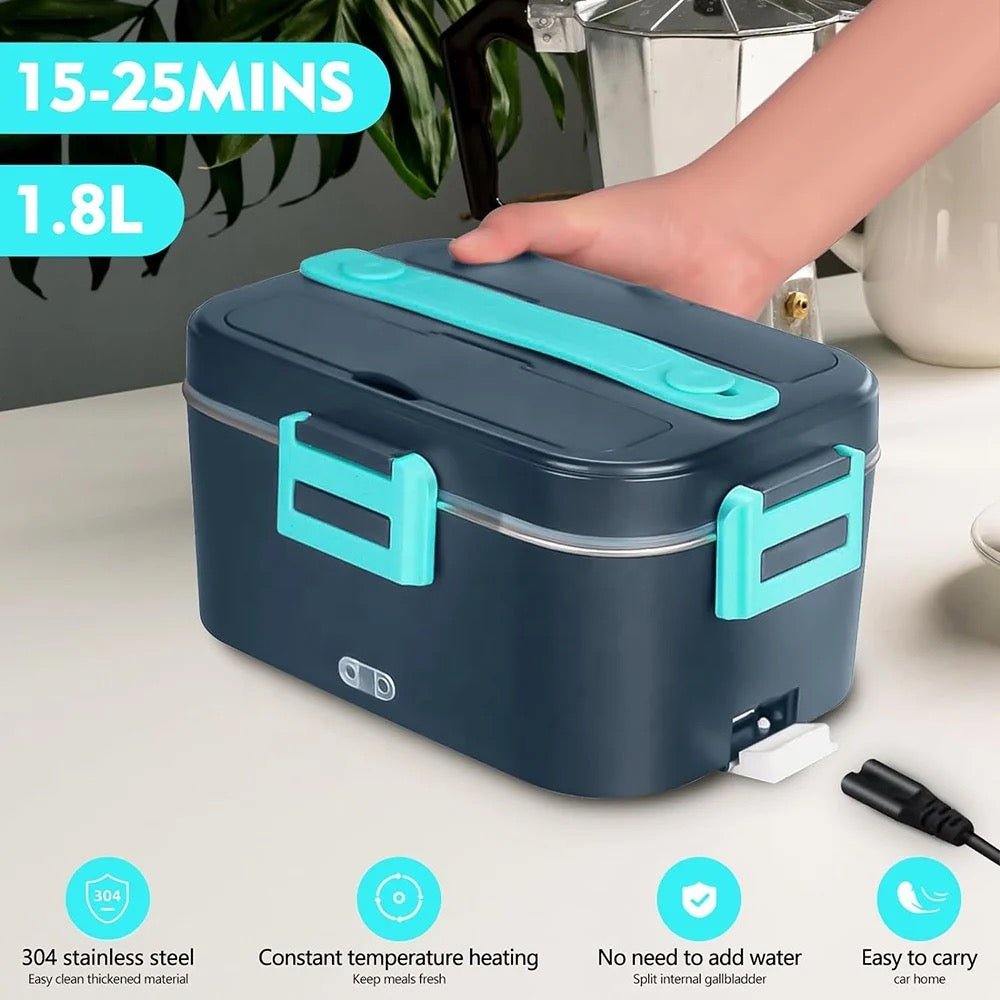 3-in-1 90W Electric Heating Lunch Box Portable 3 Compartments Car Food Warmer Container Stainless Fast Heating Steel Thermal Lunch Box( blue)