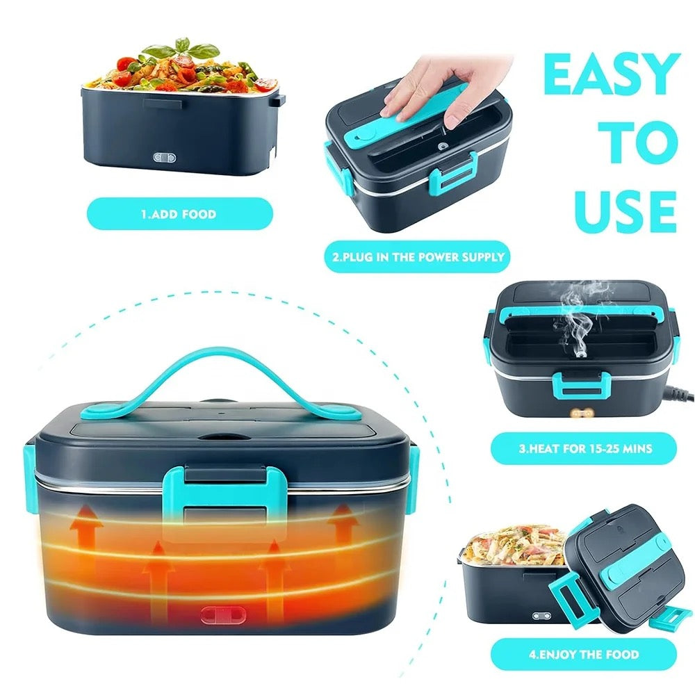 3-in-1 90W Electric Heating Lunch Box Portable 3 Compartments Car Food Warmer Container Stainless Fast Heating Steel Thermal Lunch Box( blue)