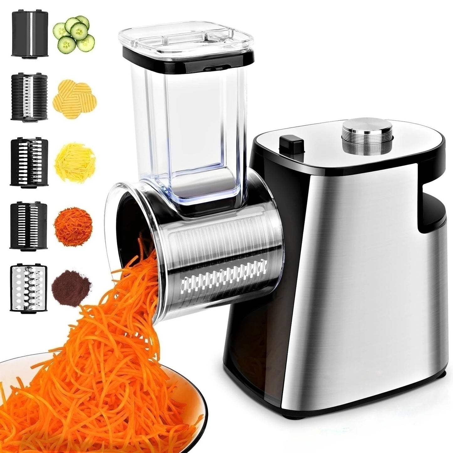 INNOVATIVE Electric Cheese & Vegetable Grater, Professional Electric Slicer Shredder, Electric Salad Machine for Fruits, Vegetables, Cheeses, Salad Maker Processor 500W Machine with 5 Blades BPA-Free , FDA-Approved (5-in-1, Stainless Steel)