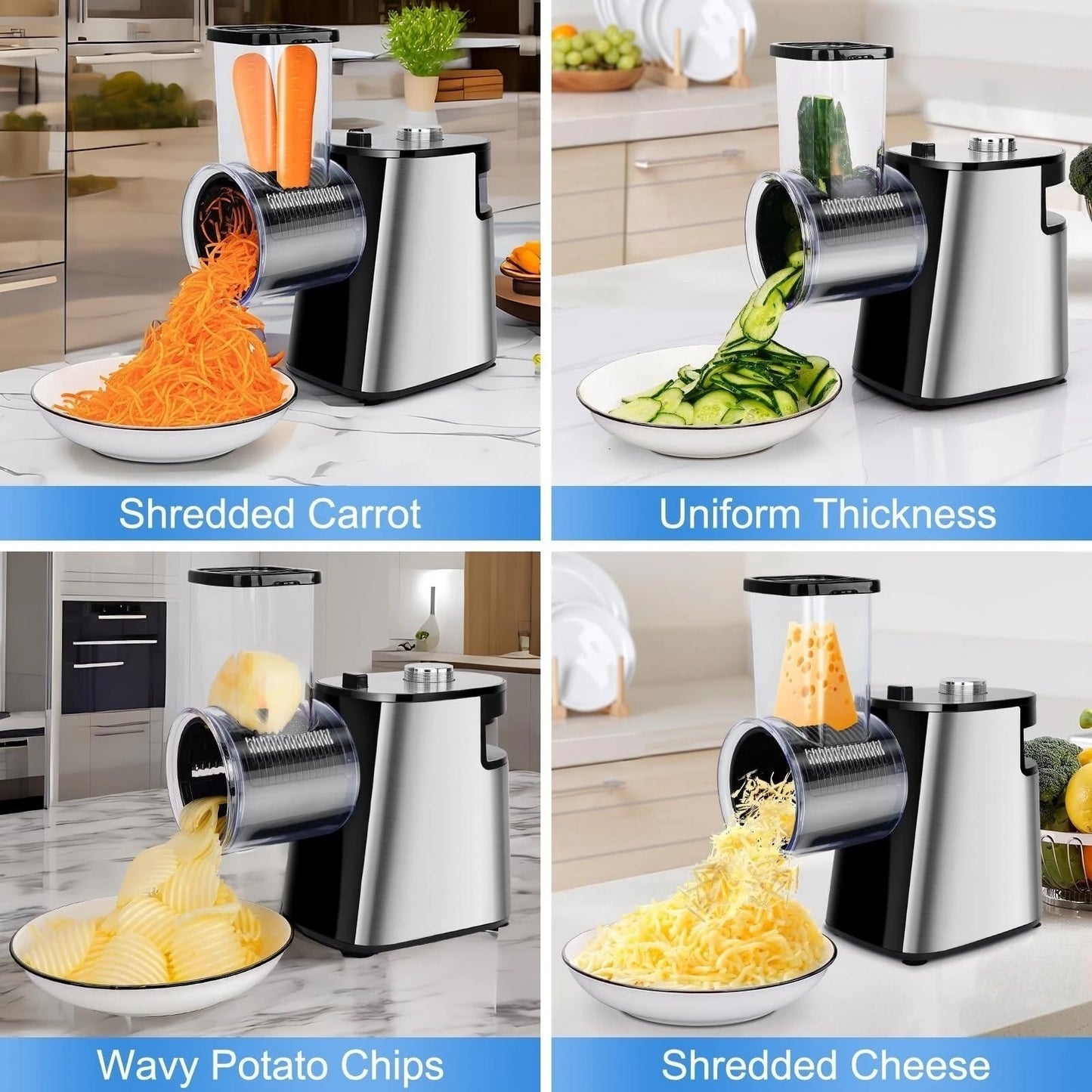 INNOVATIVE Electric Cheese & Vegetable Grater, Professional Electric Slicer Shredder, Electric Salad Machine for Fruits, Vegetables, Cheeses, Salad Maker Processor 500W Machine with 5 Blades BPA-Free , FDA-Approved (5-in-1, Stainless Steel)