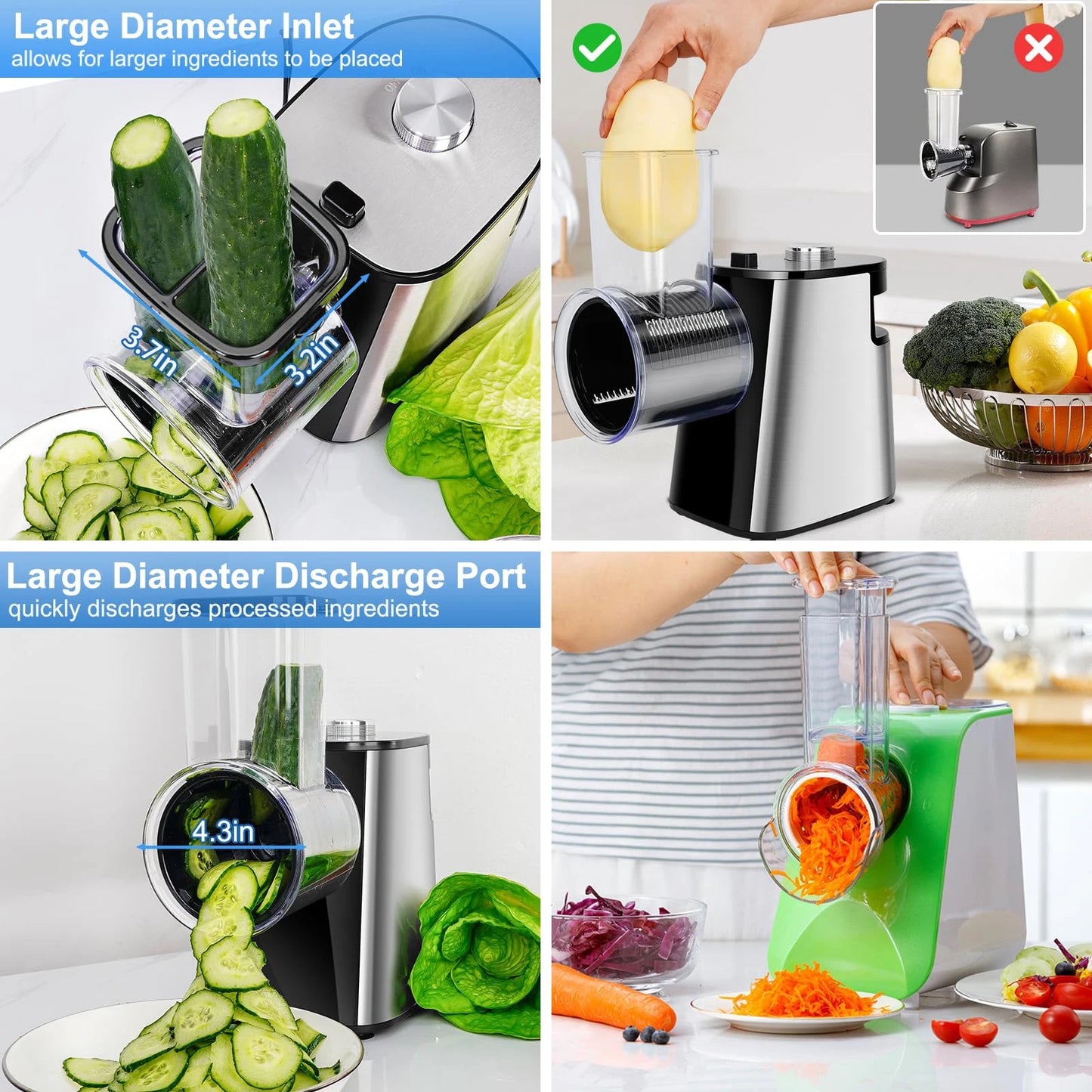 INNOVATIVE Electric Cheese & Vegetable Grater, Professional Electric Slicer Shredder, Electric Salad Machine for Fruits, Vegetables, Cheeses, Salad Maker Processor 500W Machine with 5 Blades BPA-Free , FDA-Approved (5-in-1, Stainless Steel)