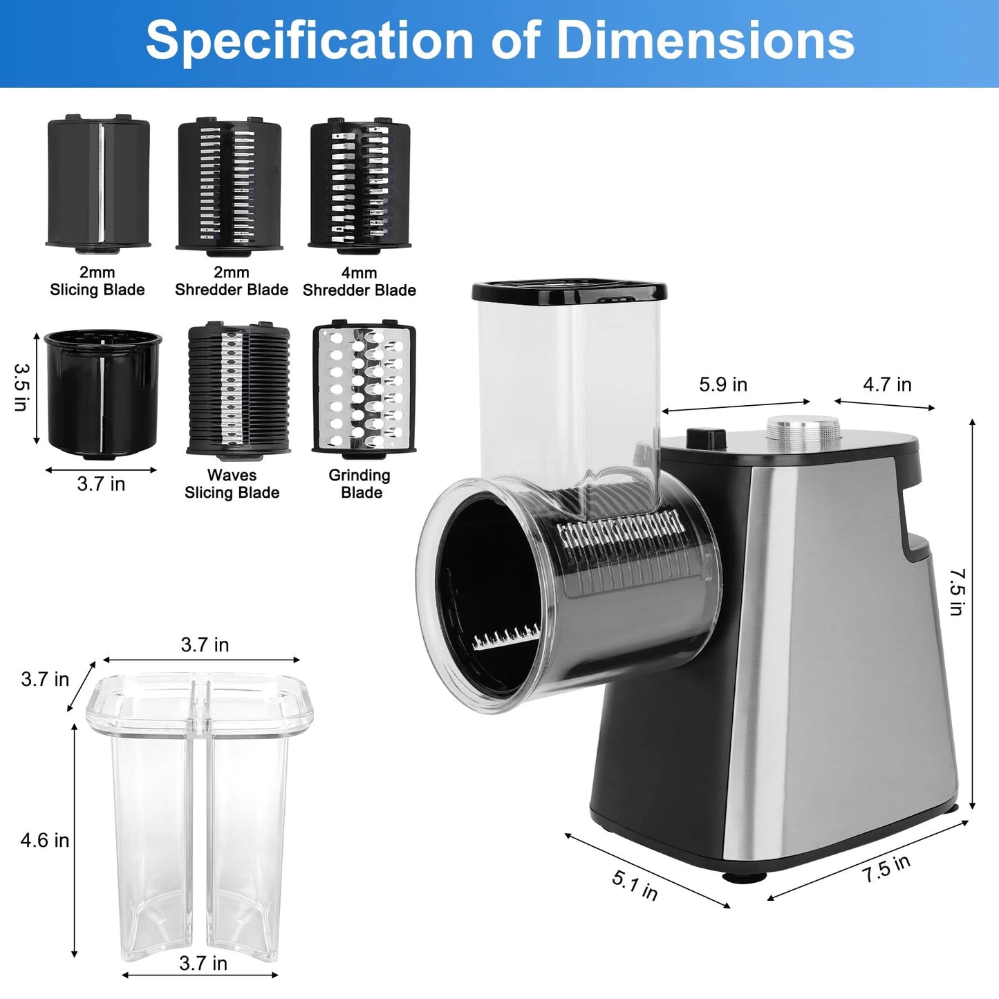 INNOVATIVE Electric Cheese & Vegetable Grater, Professional Electric Slicer Shredder, Electric Salad Machine for Fruits, Vegetables, Cheeses, Salad Maker Processor 500W Machine with 5 Blades BPA-Free , FDA-Approved (5-in-1, Stainless Steel)