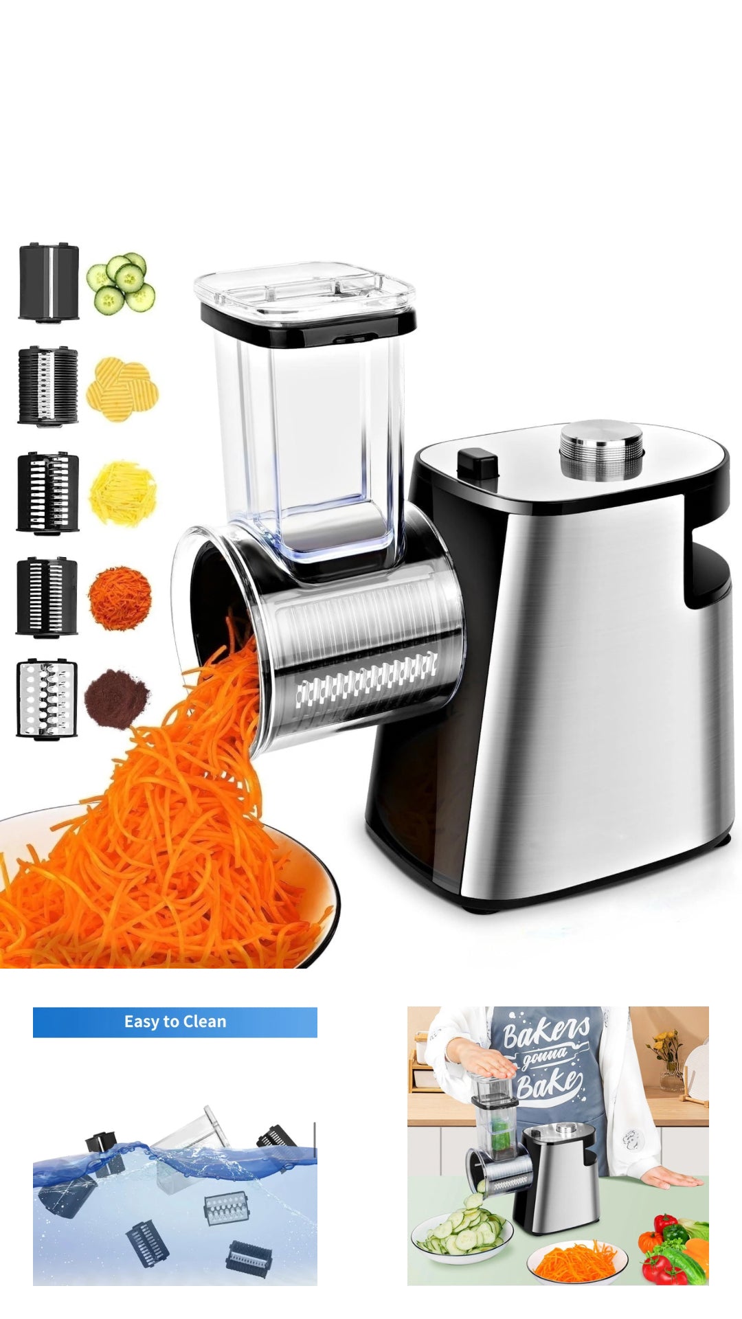 INNOVATIVE Electric Cheese & Vegetable Grater, Professional Electric Slicer Shredder, Electric Salad Machine for Fruits, Vegetables, Cheeses, Salad Maker Processor 500W Machine with 5 Blades BPA-Free , FDA-Approved (5-in-1, Stainless Steel)