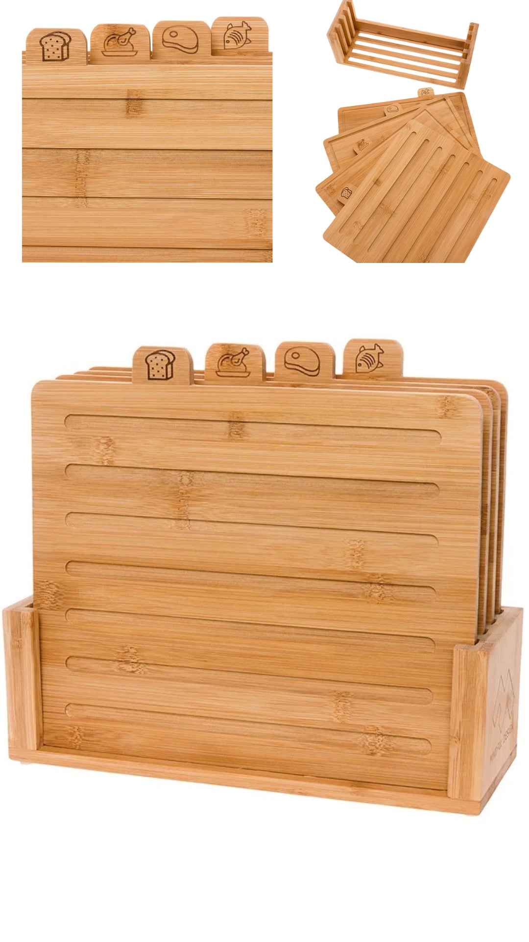 Innovative Wooden Cutting Boards For Kitchen - Bamboo Cutting 4 Rectangle Board Set with Holder, Wood Cutting Board Set, Cutting Board Wood, Wooden Chopping Board, Wooden Cutting Board (Set 4 pcs, Holder)