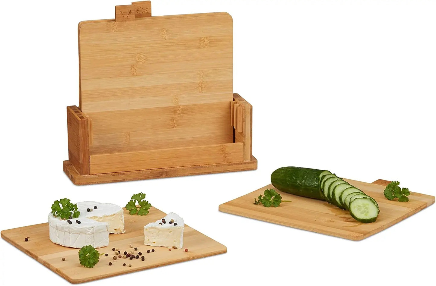 Innovative Wooden Cutting Boards For Kitchen - Bamboo Cutting 4 Rectangle Board Set with Holder, Wood Cutting Board Set, Cutting Board Wood, Wooden Chopping Board, Wooden Cutting Board (Set 4 pcs, Holder)