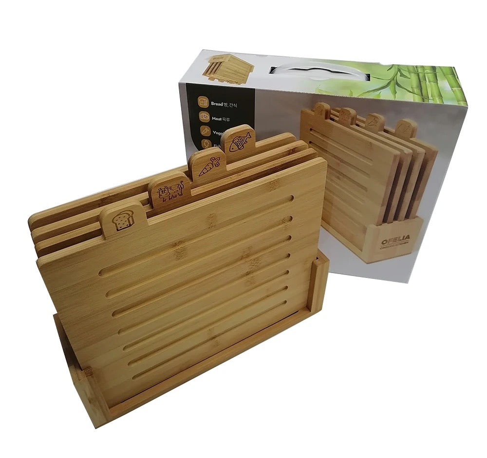 Innovative Wooden Cutting Boards For Kitchen - Bamboo Cutting 4 Rectangle Board Set with Holder, Wood Cutting Board Set, Cutting Board Wood, Wooden Chopping Board, Wooden Cutting Board (Set 4 pcs, Holder)