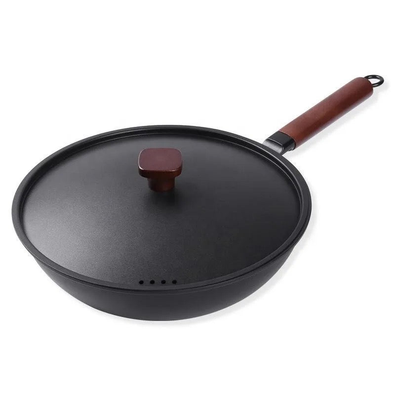 INNOVATIVE Carbon Steel Wok, 13 Inch Wok Pan with Lid and Spatula, Nonstick Woks and Stir-fry Pans, No Chemical Coated Flat Bottom Chinese Wok for Induction, Electric, Gas, All Stoves