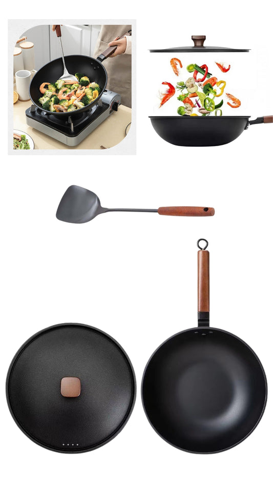 INNOVATIVE Carbon Steel Wok, 13 Inch Wok Pan with Lid and Spatula, Nonstick Woks and Stir-fry Pans, No Chemical Coated Flat Bottom Chinese Wok for Induction, Electric, Gas, All Stoves