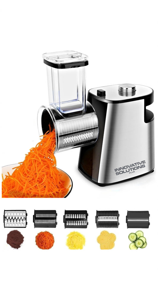 INNOVATIVE Electric Cheese & Vegetable Grater, Professional Electric Slicer Shredder, Electric Salad Machine for Fruits, Vegetables, Cheeses, Salad Maker Processor 500W Machine with 5 Blades BPA-Free , FDA-Approved (5-in-1, Stainless Steel)