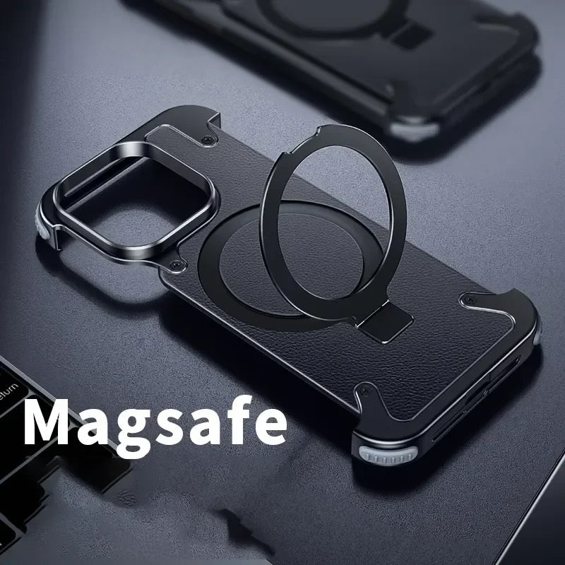 Light weight iPhone 14-15 metal leather MagSafe frameless case with holder & anti collision with screw driver