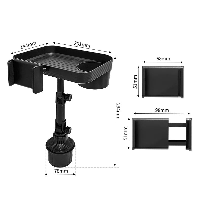 INNOVATIVE Larger Cup Holder Tray, 10 inch Car Food Tray for Eating, Detachable 3 in 1 Car Cup Holder Expander and 360° Rotating Car Cup Holder Tray Table with Phone Holder, Road Trip Essentials