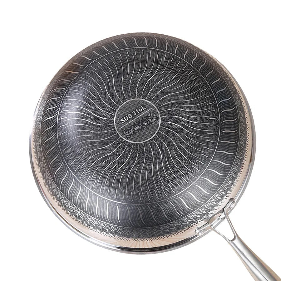 INNOVATIVE 12.5“/32 cm 316L Stainless Steel Honeycomb Texture Pattern Non-Stick Coating Kitchenware Wok with Glass Lid, With Bamboo Spatula Side Handle -Scratch-resistant Raised-up Honeycomb Fire Textured Pattern