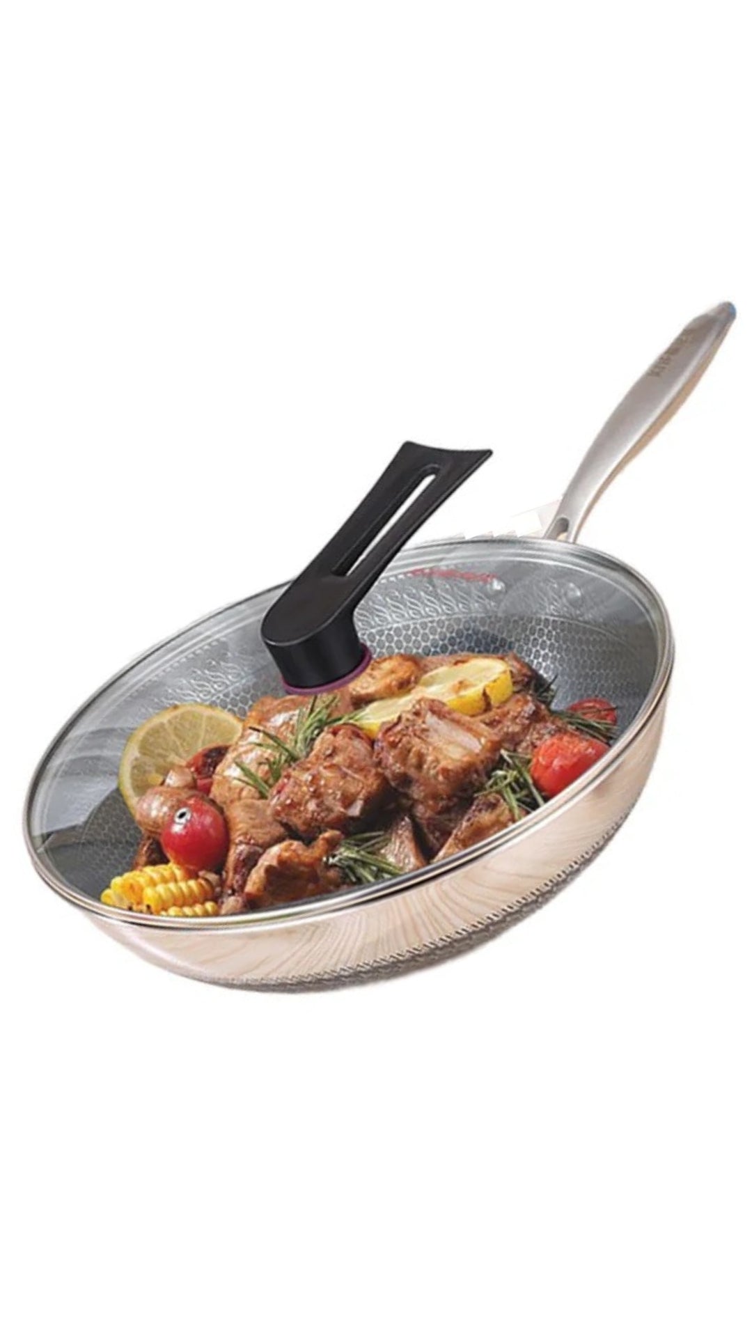 INNOVATIVE 12.5“/32 cm 316L Stainless Steel Honeycomb Texture Pattern Non-Stick Coating Kitchenware Wok with Glass Lid, With Bamboo Spatula Side Handle -Scratch-resistant Raised-up Honeycomb Fire Textured Pattern