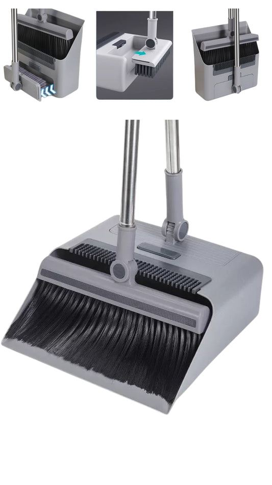 INNOVATIVE Broom,Brush and Dustpan Set, Broom and Dustpan Set Long Handle Broom with Stand Up Dustpan Combo Set for Office, Salons, Hotels, Home Kitchen Lobby Floor Use, Dustpan and Broom Set (3-in-1, Gray)