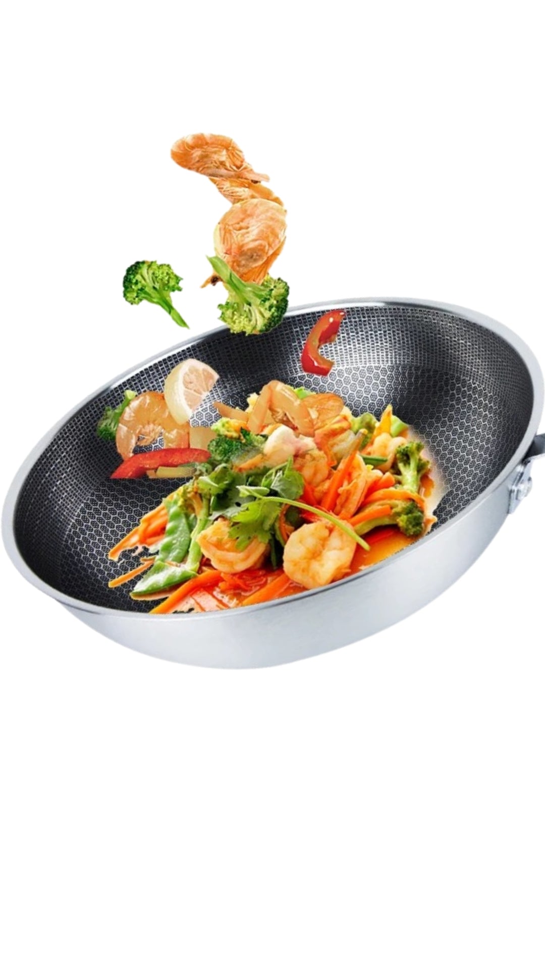 INNOVATIVE 12.5“/32 cm 316L Stainless Steel Honeycomb Texture Pattern Non-Stick Coating Kitchenware Wok with Glass Lid, With Bamboo Spatula Side Handle -Scratch-resistant Raised-up Honeycomb Fire Textured Pattern