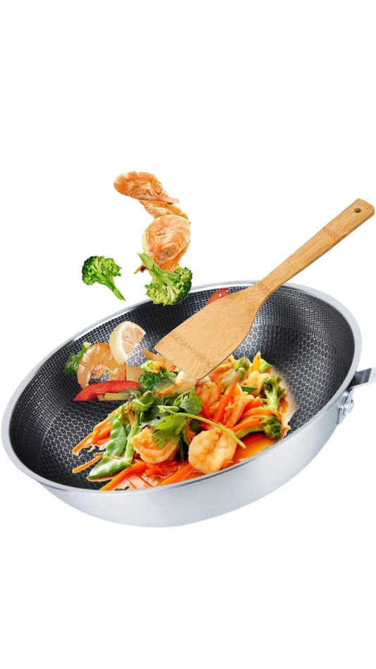INNOVATIVE 11,8“/ 30 cm 316L Stainless Steel Honeycomb Non Stick Wok Pan Stir-fry Wok with Lid,Skillet with Bamboo Spatula Stay-cool Handle PFOA Free Suitable for Induction, Ceramic, Electric, and Gas Cooktops