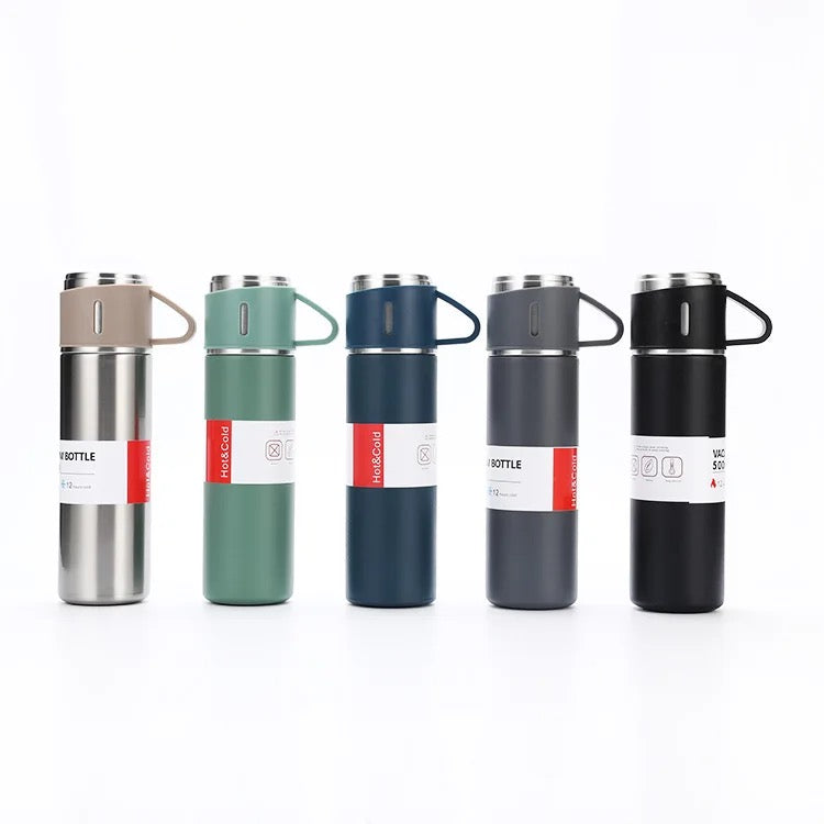 Eco friendly Stainless Steel 500ml/ 16.9oz infused 304 stainless steel vacuum thermos insulated water bottle 3 cups for Coffee, Hot Drink and Cold Drink Water Flask with Free Brush