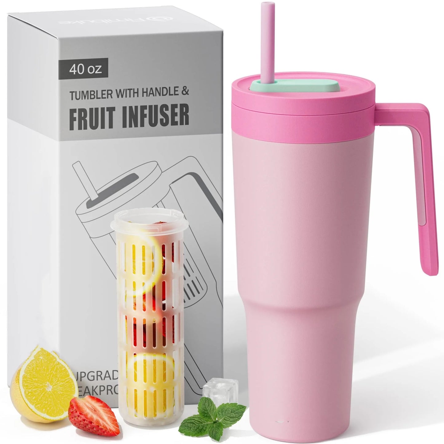 40oz stainless steel insulated vacuum tumbler with straw and fruit infuser filter with sealed lid