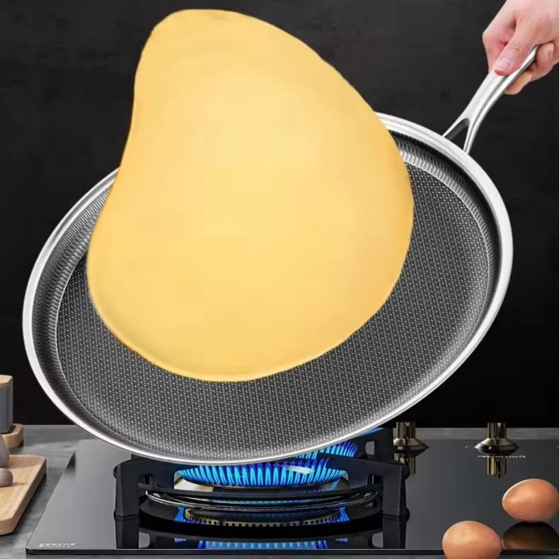 INNOVATIVE 28cm/10” 316L Stainless Steel Honeycomb Texture Pattern Non-Stick Coating Kitchenware Frying Pan For Pancakes, Eggs With Glass Lid , Bamboo Spatula Side Handle -Scratch-resistant Raised-up Honeycomb Fire Textured Pattern