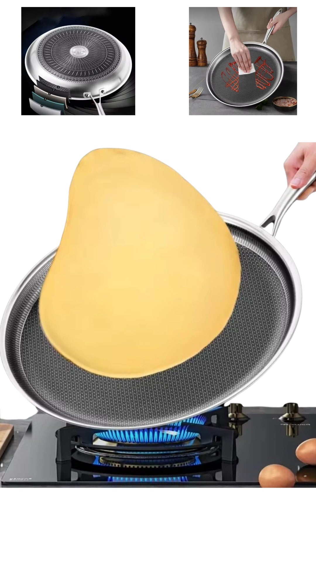 INNOVATIVE 28cm/10” 316L Stainless Steel Honeycomb Texture Pattern Non-Stick Coating Kitchenware Frying Pan For Pancakes, Eggs With Glass Lid , Bamboo Spatula Side Handle -Scratch-resistant Raised-up Honeycomb Fire Textured Pattern