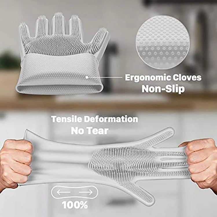 Silicone Dishwashing Gloves, Rubber Scrubbing Gloves, Sponge Cleaning Brush for Dishes Housework, Kitchen, Cars   2 Pairs