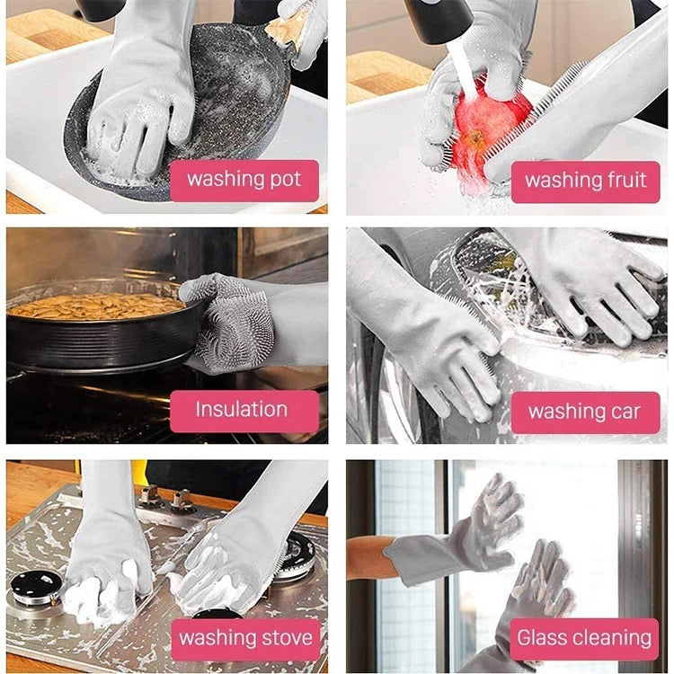 Silicone Dishwashing Gloves, Rubber Scrubbing Gloves, Sponge Cleaning Brush for Dishes Housework, Kitchen, Cars   2 Pairs