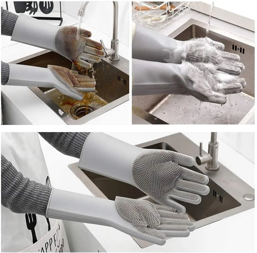 Silicone Dishwashing Gloves, Rubber Scrubbing Gloves, Sponge Cleaning Brush for Dishes Housework, Kitchen, Cars   2 Pairs