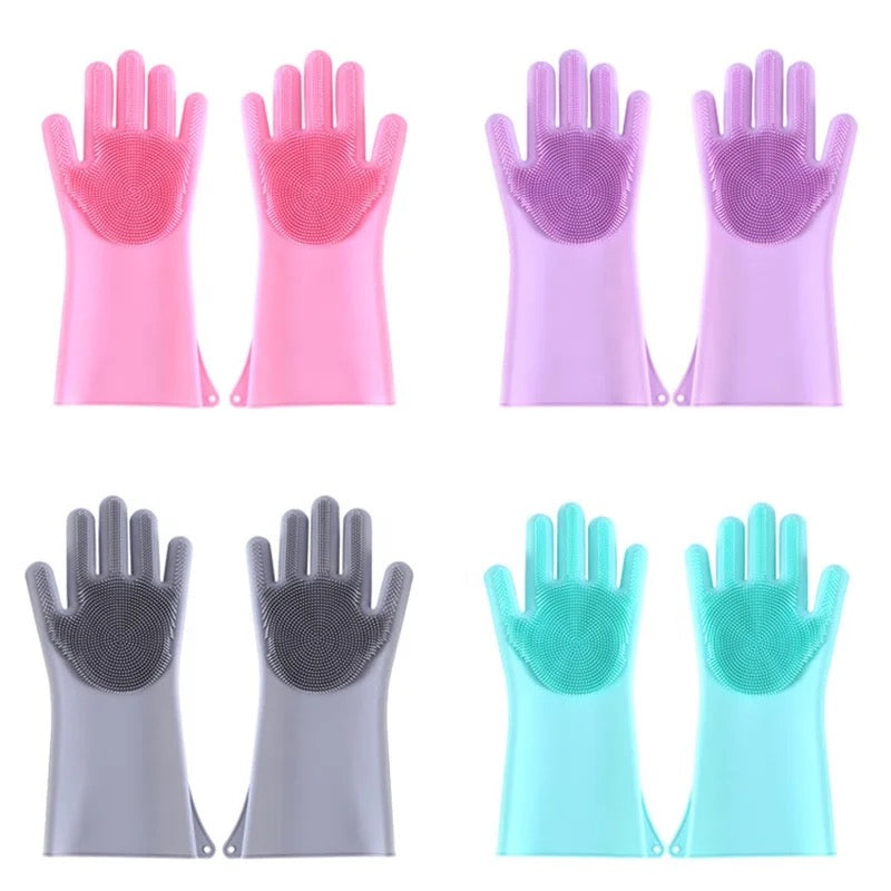 Silicone Dishwashing Gloves, Rubber Scrubbing Gloves, Sponge Cleaning Brush for Dishes Housework, Kitchen, Cars   2 Pairs