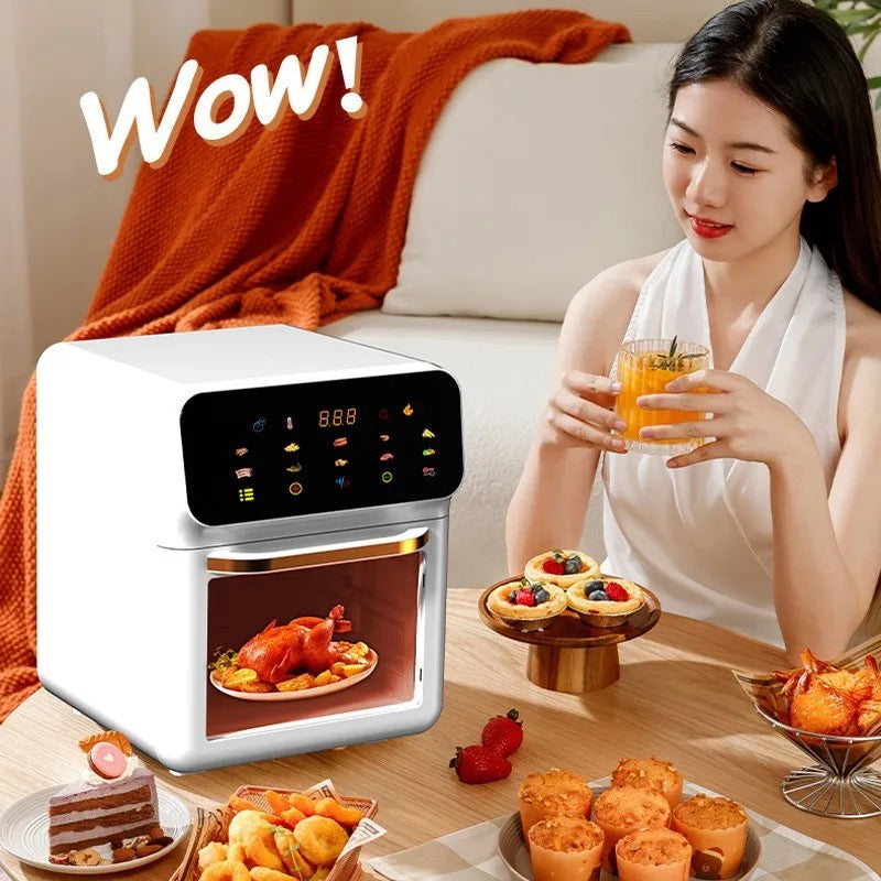 INNOVATIVE Air Fryer Oven, 15.5Qt X-Large Family Size, SS Rotisserie Basket &-Skewer Kit, Powerful 1800W, 50F-425F Temp Controls, Integrated Smart Thermometer Premium Mini 15Liter/Quarts Touch Screen Air-fryer with fat removal technology