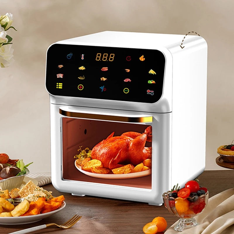 INNOVATIVE Air Fryer Oven, 15.5Qt X-Large Family Size, SS Rotisserie Basket &-Skewer Kit, Powerful 1800W, 50F-425F Temp Controls, Integrated Smart Thermometer Premium Mini 15Liter/Quarts Touch Screen Air-fryer with fat removal technology