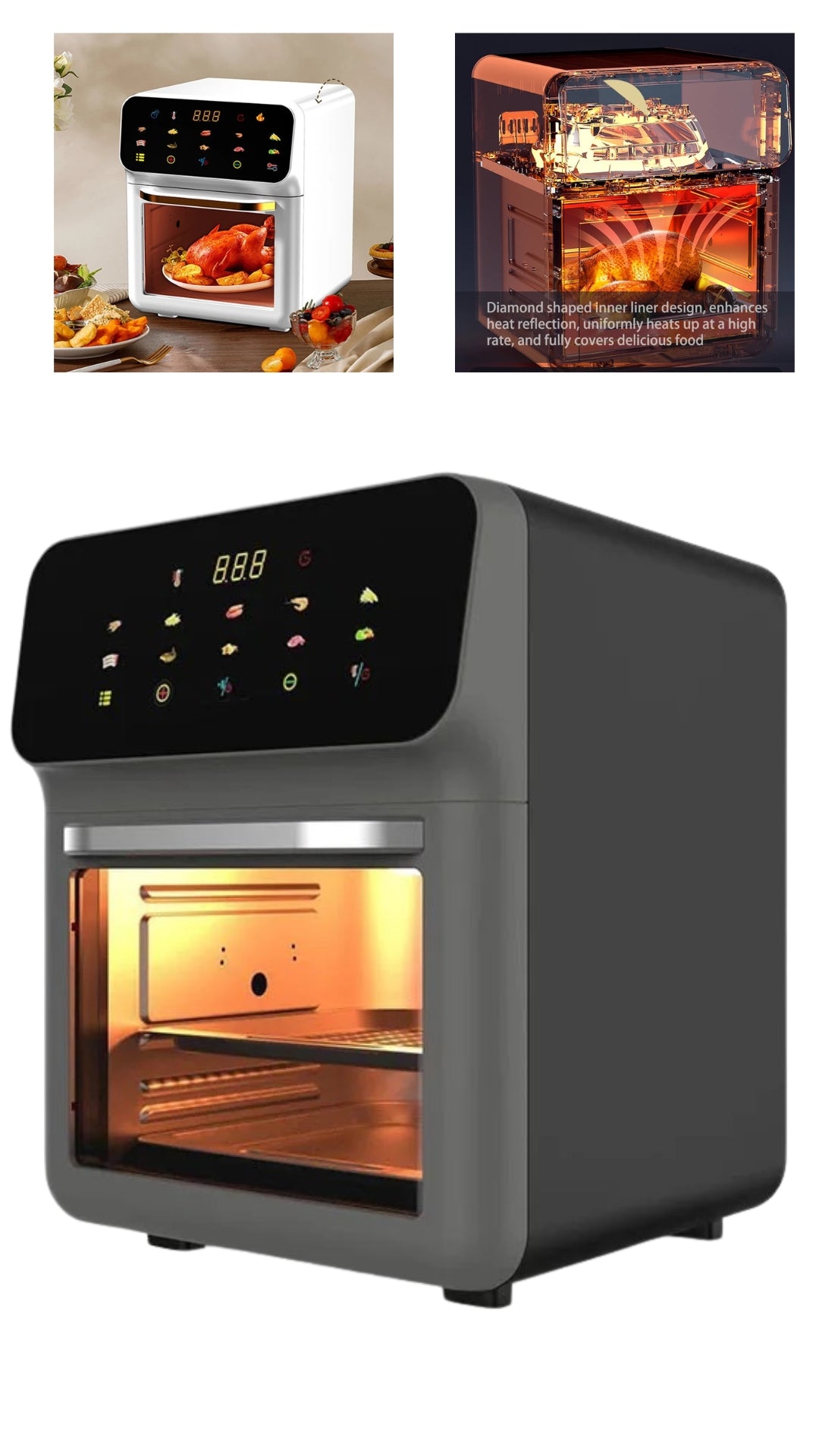 INNOVATIVE Air Fryer Oven, 15.5Qt X-Large Family Size, SS Rotisserie Basket &-Skewer Kit, Powerful 1800W, 50F-425F Temp Controls, Integrated Smart Thermometer Premium Mini 15Liter/Quarts Touch Screen Air-fryer with fat removal technology